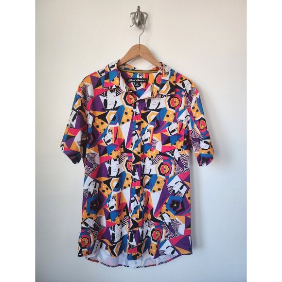 Just Attitude multicolor japanese samurai print short sleeve button up shirt XL - Picture 1 of 4
